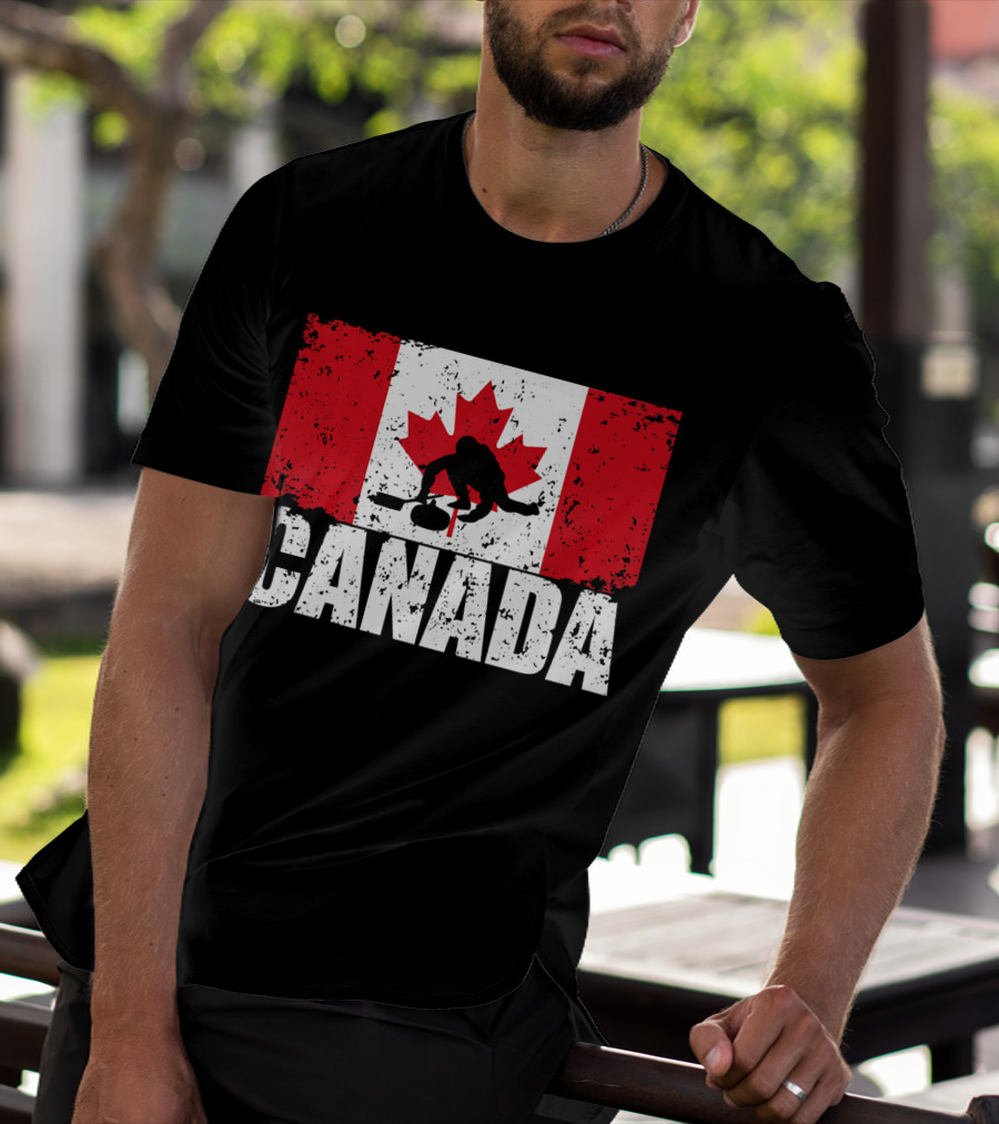 Canadian Flag Curling Silhouette Against Distressed Flag Design With Bold Canada Lettering T-Shirt