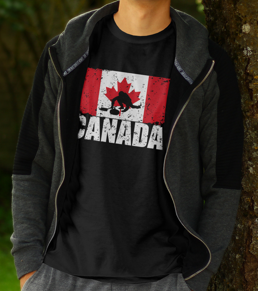 Canadian Flag Curling Silhouette Against Distressed Flag Design With Bold Canada Lettering T-Shirt