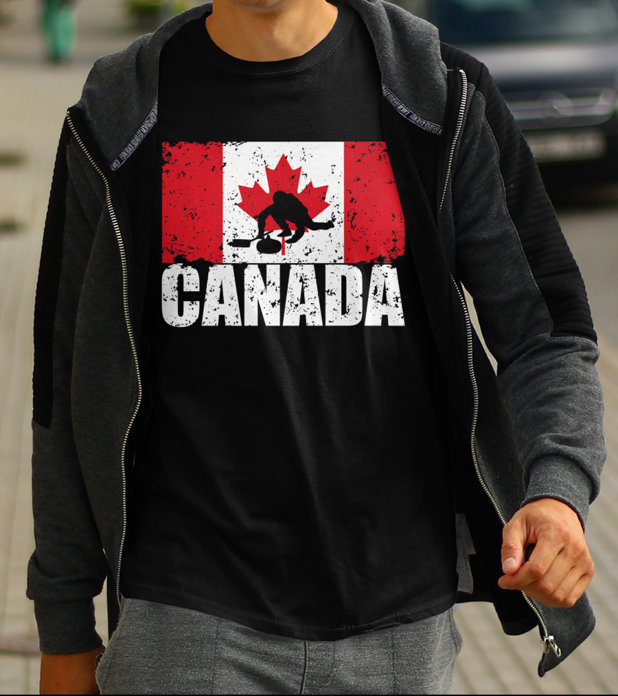 Canadian Flag Curling Silhouette Against Distressed Flag Design With Bold Canada Lettering T-Shirt