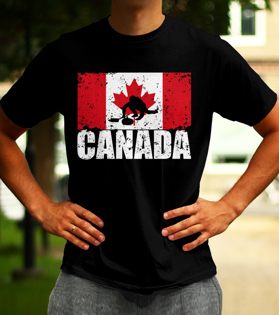 Canadian Flag Curling Silhouette Against Distressed Flag Design With Bold Canada Lettering T-Shirt