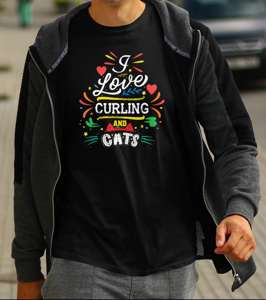 I Love Curling And Cats Colorful Heart Accents T-Shirt