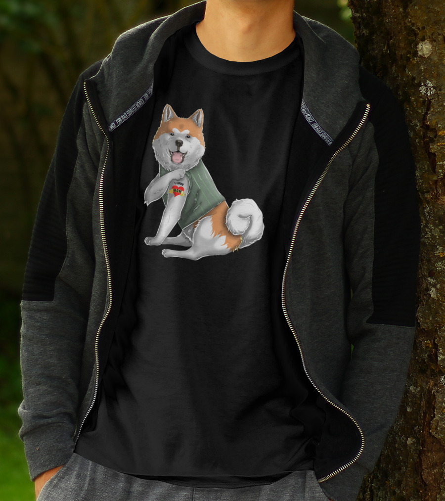 Akita Inu I Love Mom Tattoo Dog With Heart Tattoo Wearing Vest T-Shirt