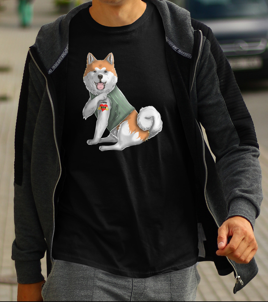 Akita Inu I Love Mom Tattoo Dog With Heart Tattoo Wearing Vest T-Shirt