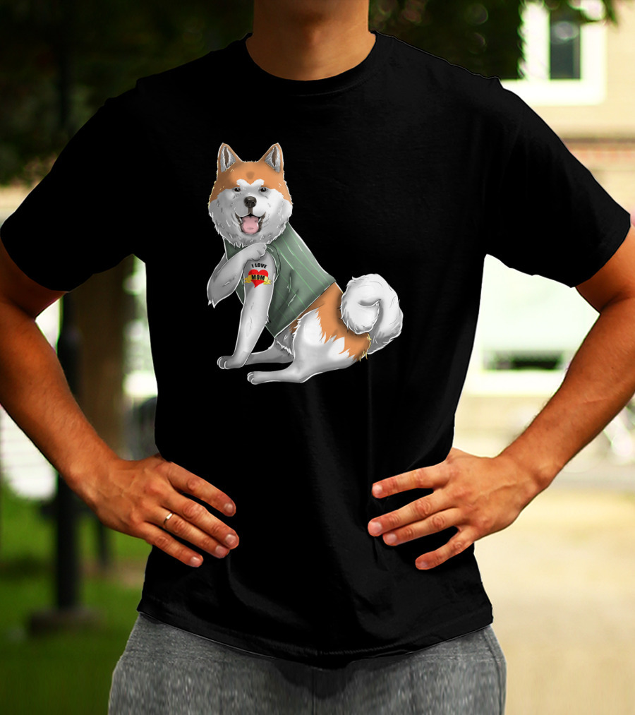 Akita Inu I Love Mom Tattoo Dog With Heart Tattoo Wearing Vest T-Shirt