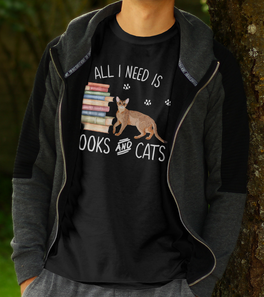 All I Need Is Books And Cats With Stack Of Colorful Books And Cat Paws T-Shirt