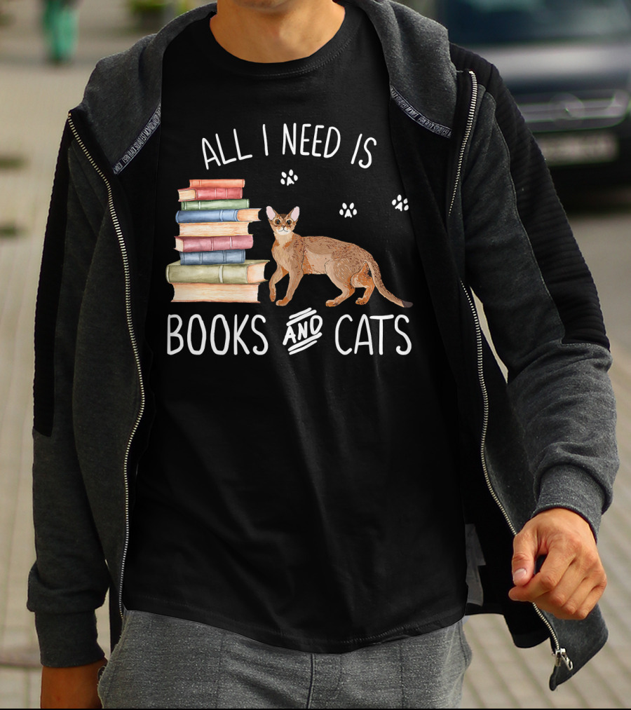 All I Need Is Books And Cats With Stack Of Colorful Books And Cat Paws T-Shirt