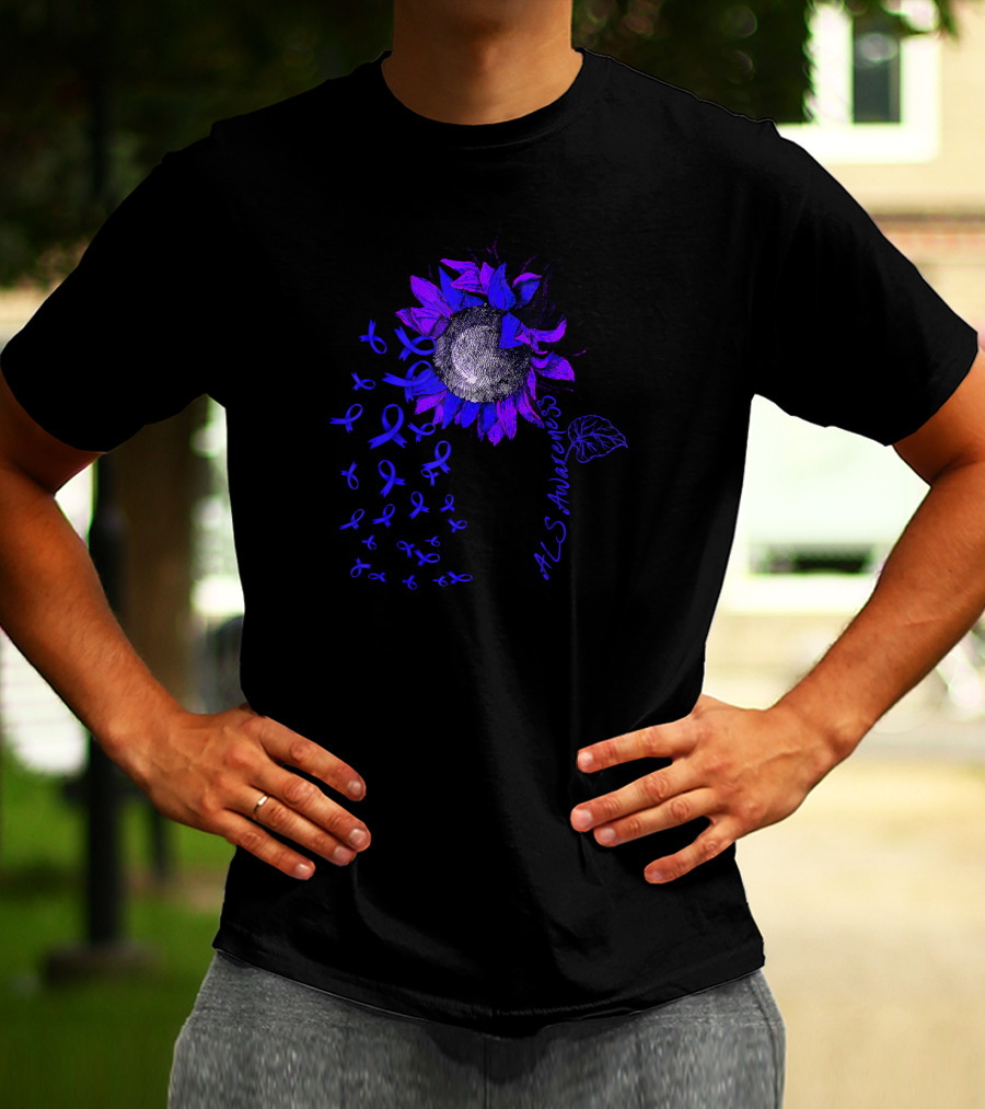 ALS Awareness Blue Sunflower With Ribbons T-Shirt
