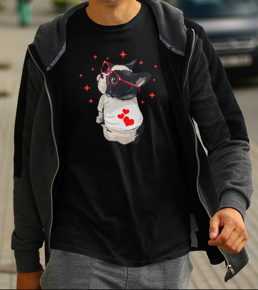 American Boston Terrier Red Glasses Hearts Stars T-Shirt
