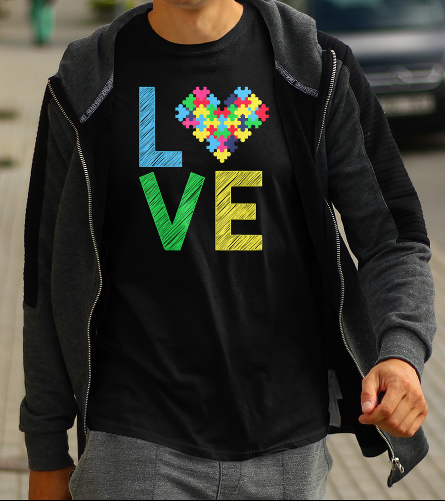 Autism Awareness Love Puzzle Heart Colorful Letters T-Shirt