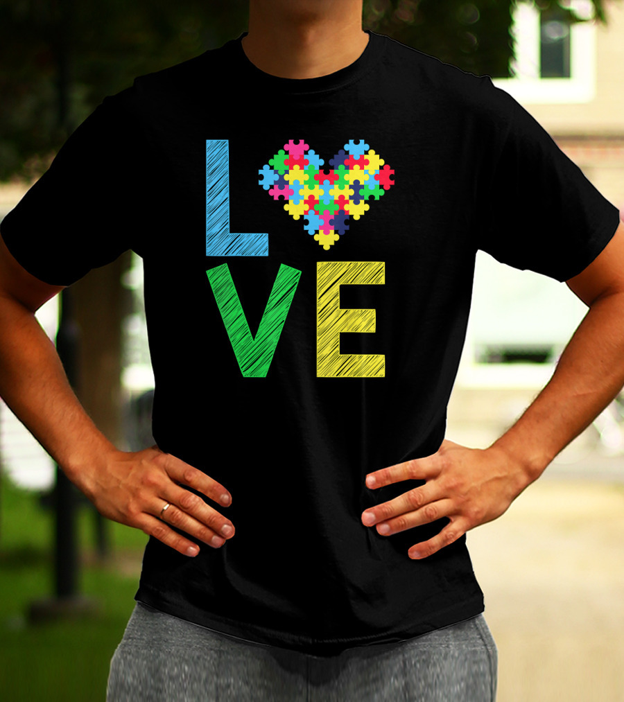 Autism Awareness Love Puzzle Heart Colorful Letters T-Shirt