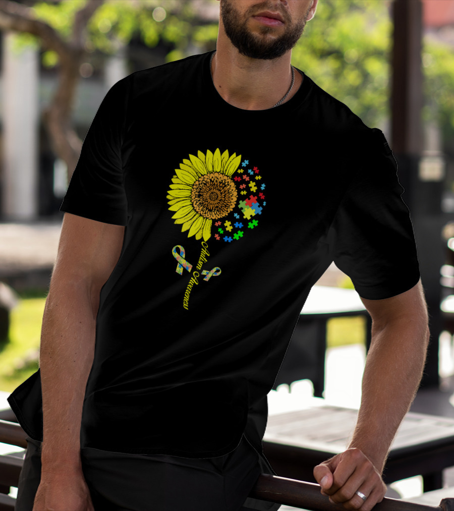 Autism Awareness Puzzle Ribbon Sunflower T-Shirt