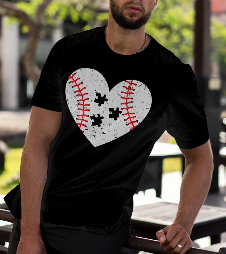 Baseball Heart Autism Puzzle Love T-Shirt