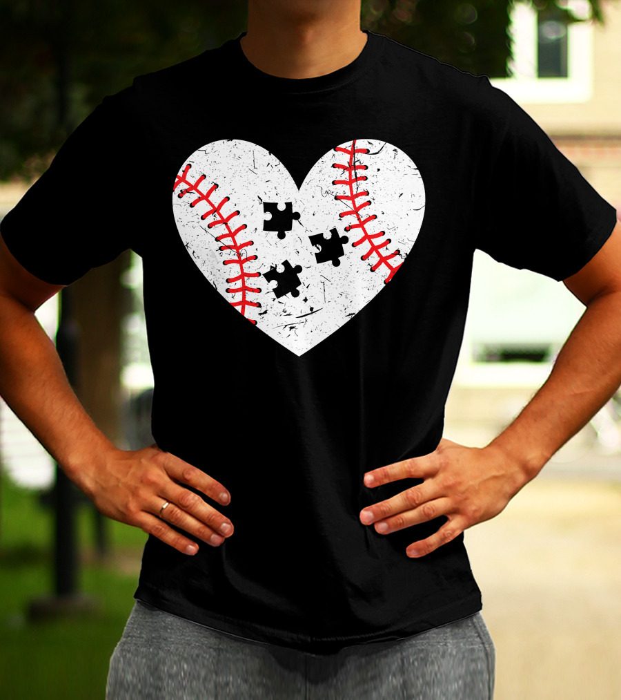 Baseball Heart Autism Puzzle Love T-Shirt