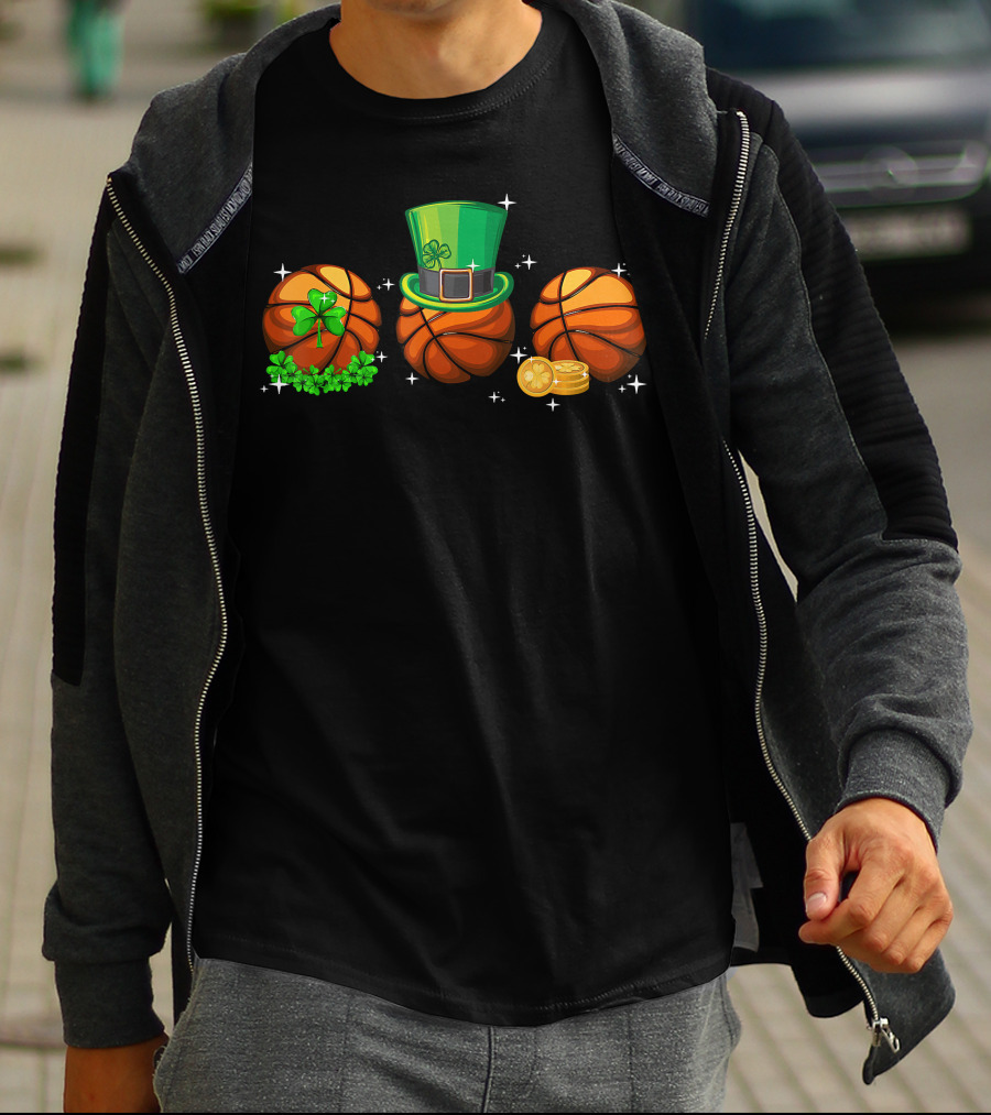 Basketball Trio With Leprechaun Hat Shamrocks And Gold Coins T-Shirt