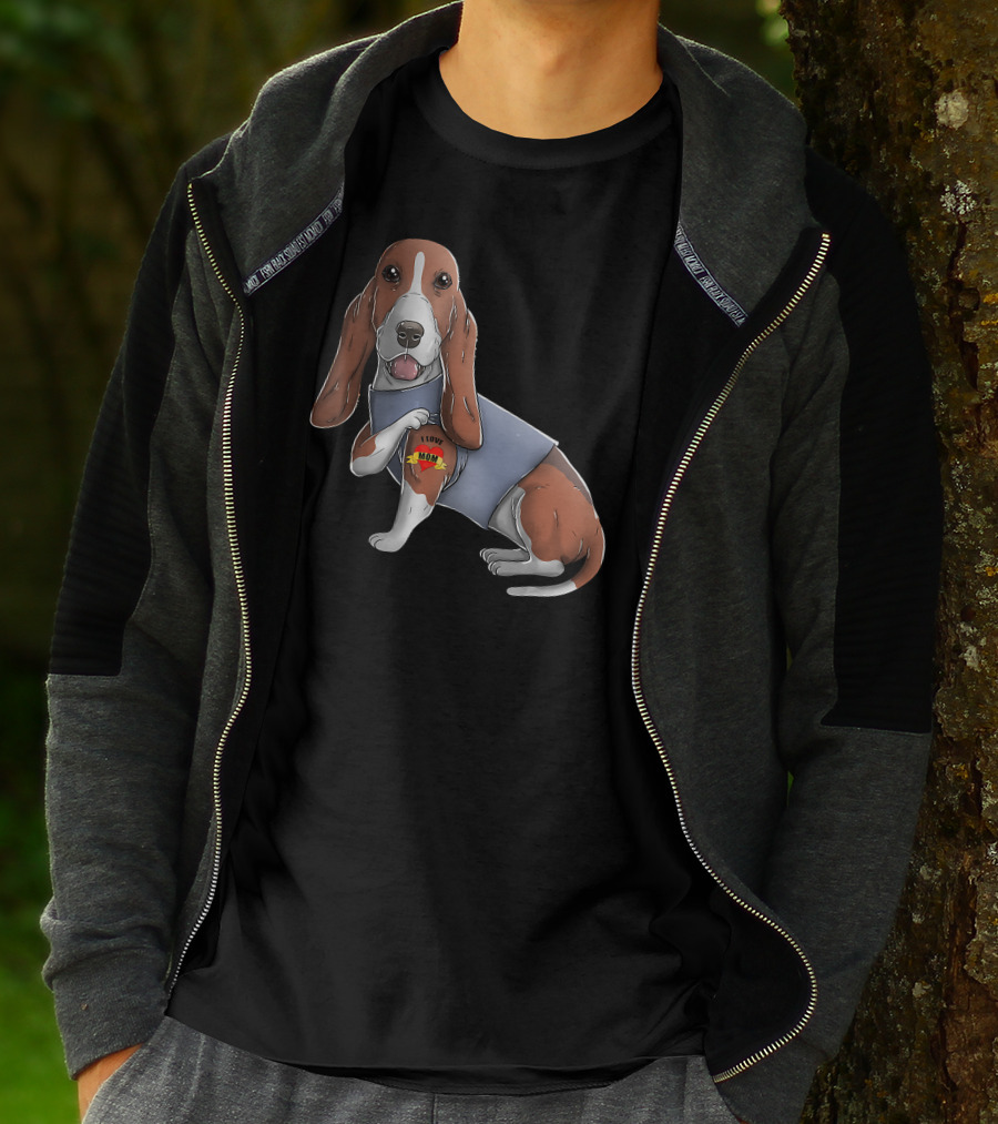 Basset Hound With I Love Mom Heart Tattoo T-Shirt