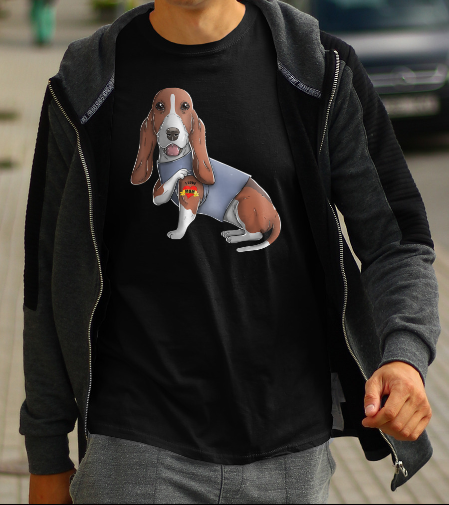 Basset Hound With I Love Mom Heart Tattoo T-Shirt