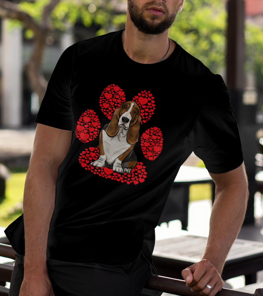 Basset Hound Valentines Day Dog With Heart Paw Background T-Shirt