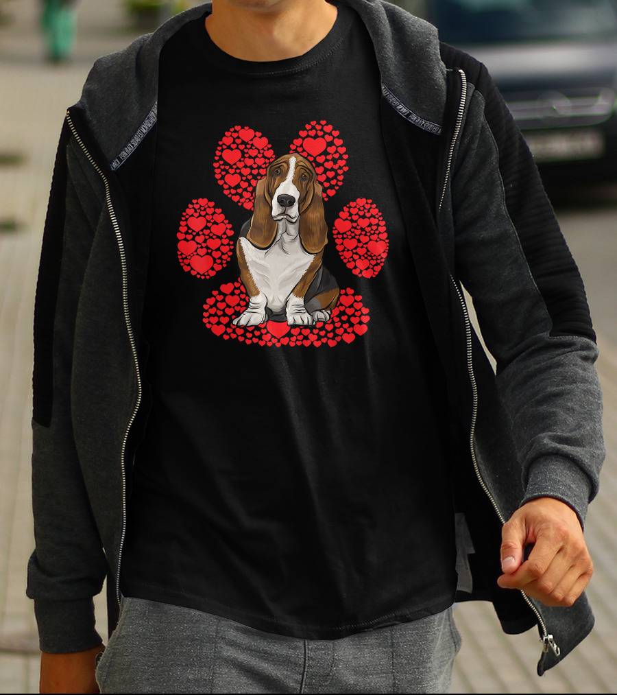 Basset Hound Valentines Day Dog With Heart Paw Background T-Shirt