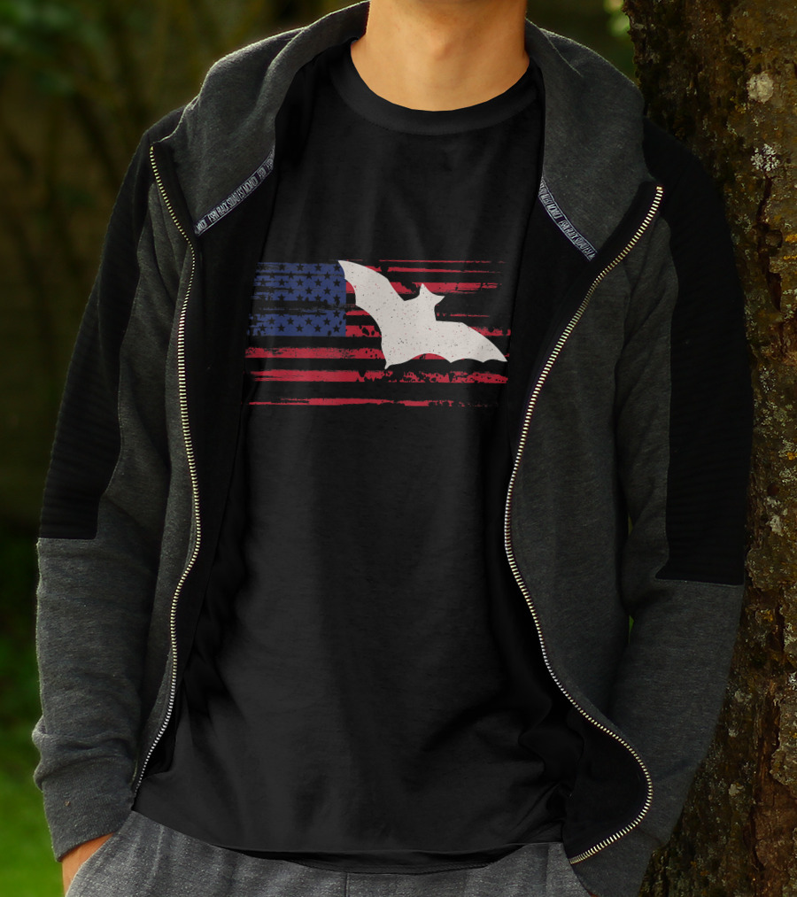 Bat Silhouette US American Flag Stripes And Stars T-Shirt