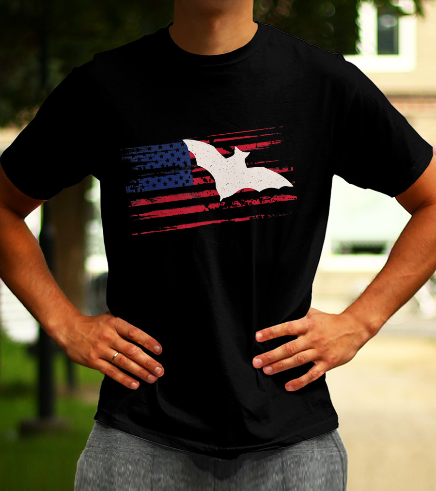 Bat Silhouette US American Flag Stripes And Stars T-Shirt