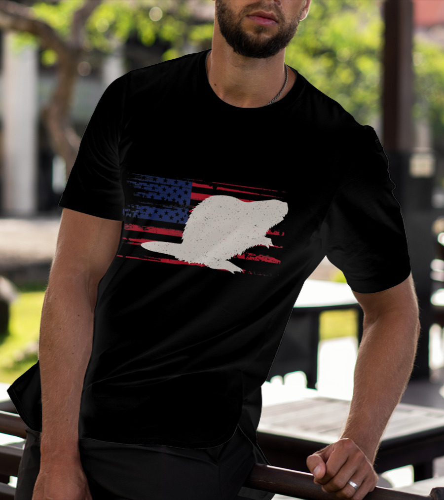 Beaver Silhouette Over Distressed US American Flag Rodent T-Shirt