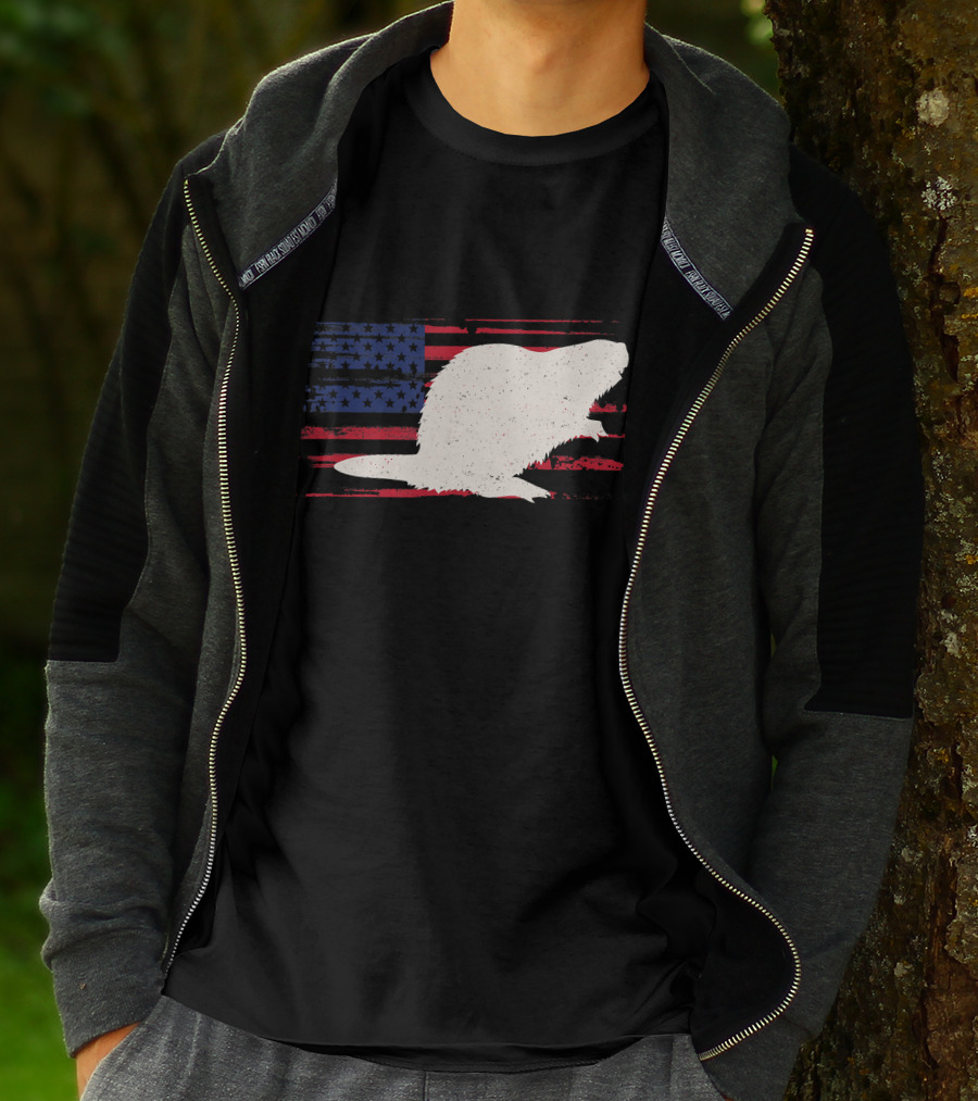 Beaver Silhouette Over Distressed US American Flag Rodent T-Shirt
