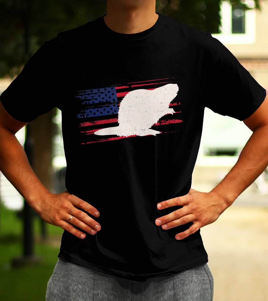 Beaver Silhouette Over Distressed US American Flag Rodent T-Shirt