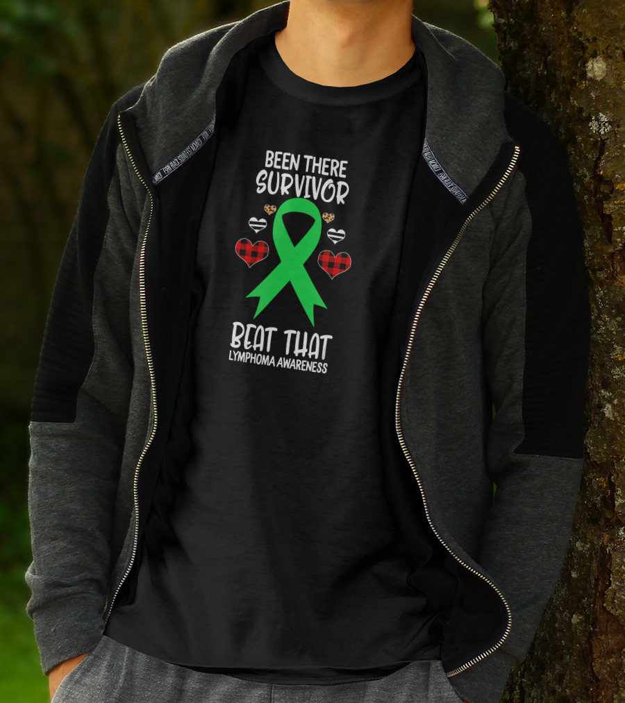 Been There Survivor Beat That Lymphoma Awareness Green Ribbon Hearts T-Shirt