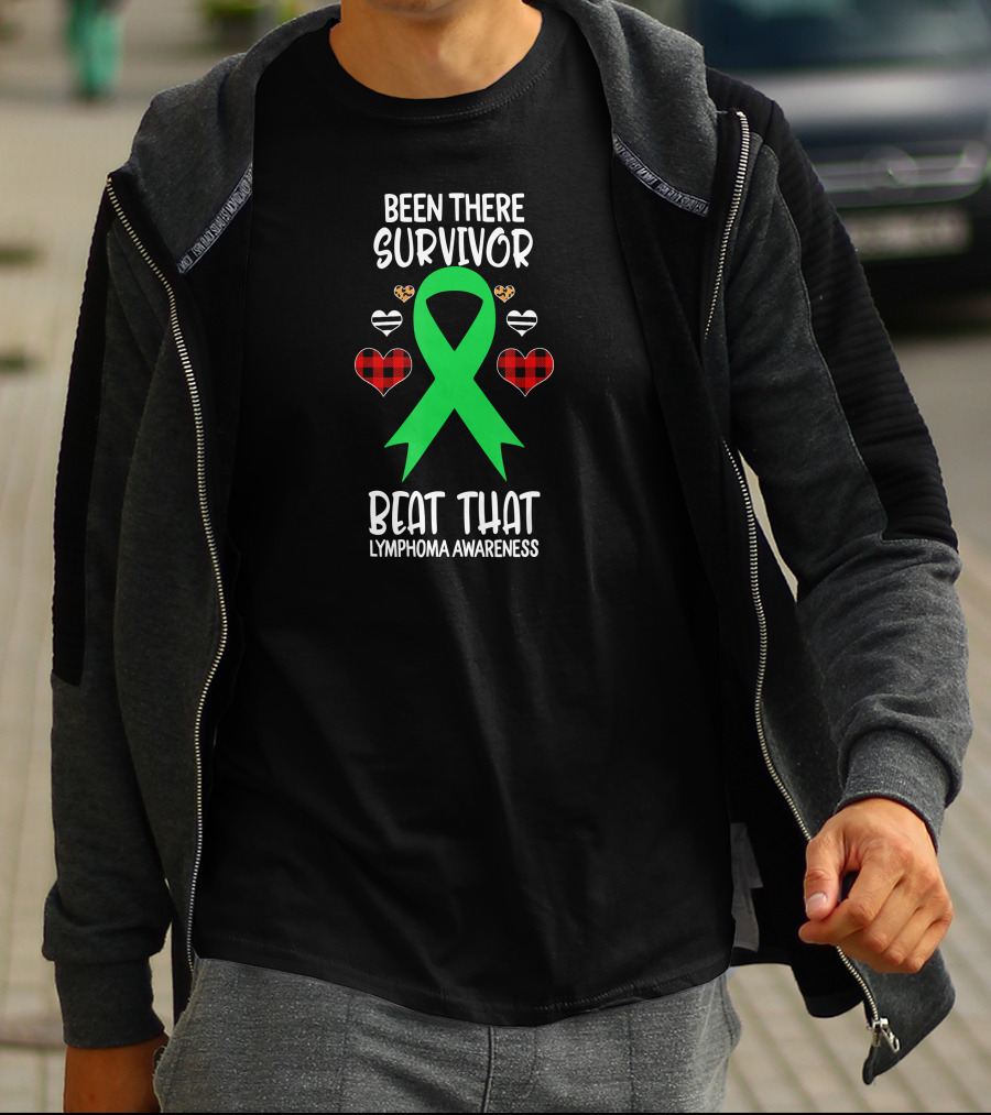 Been There Survivor Beat That Lymphoma Awareness Green Ribbon Hearts T-Shirt