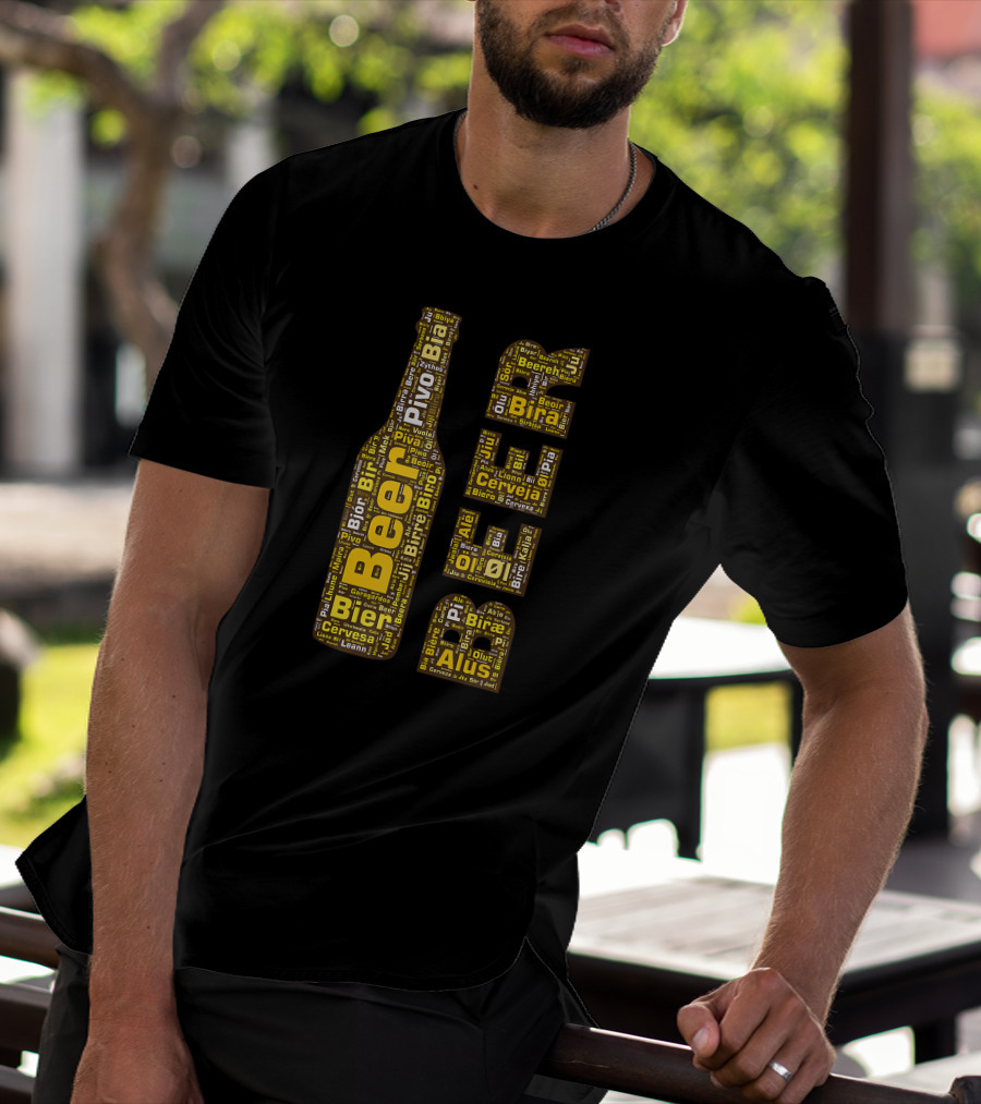 Beer Word Cloud With Bottle And Glasses In Multiple Languages T-Shirt