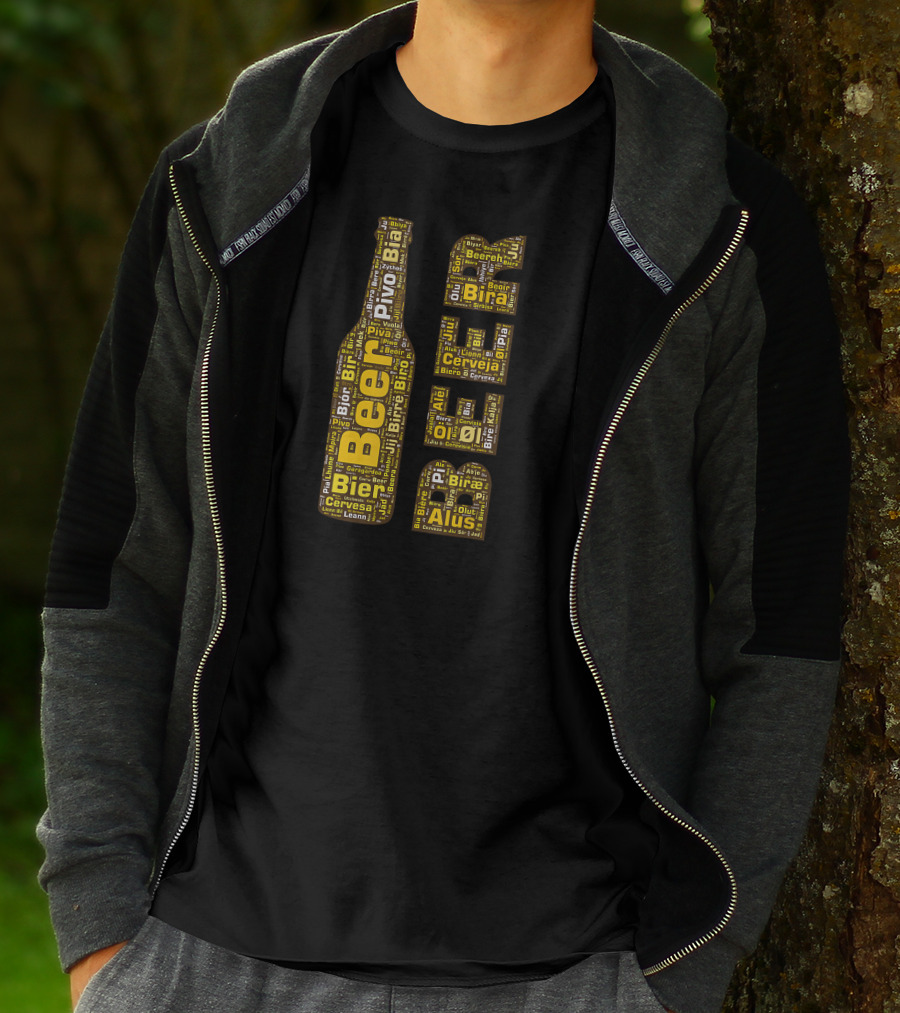 Beer Word Cloud With Bottle And Glasses In Multiple Languages T-Shirt
