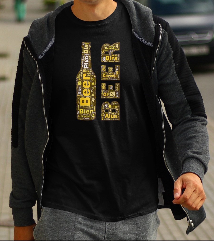 Beer Word Cloud With Bottle And Glasses In Multiple Languages T-Shirt