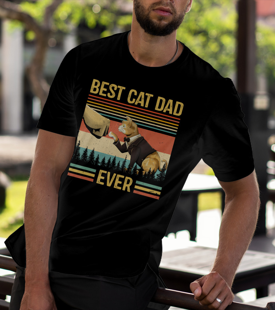 Best Cat Dad Ever Retro Paw Fist Bump Forest Stripes T-Shirt