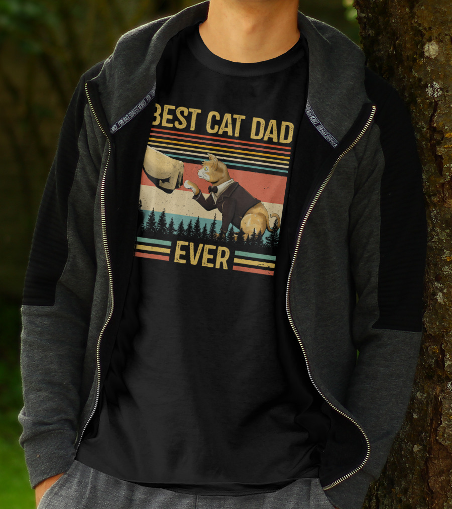 Best Cat Dad Ever Retro Paw Fist Bump Forest Stripes T-Shirt