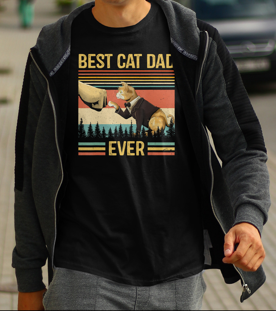 Best Cat Dad Ever Retro Paw Fist Bump Forest Stripes T-Shirt