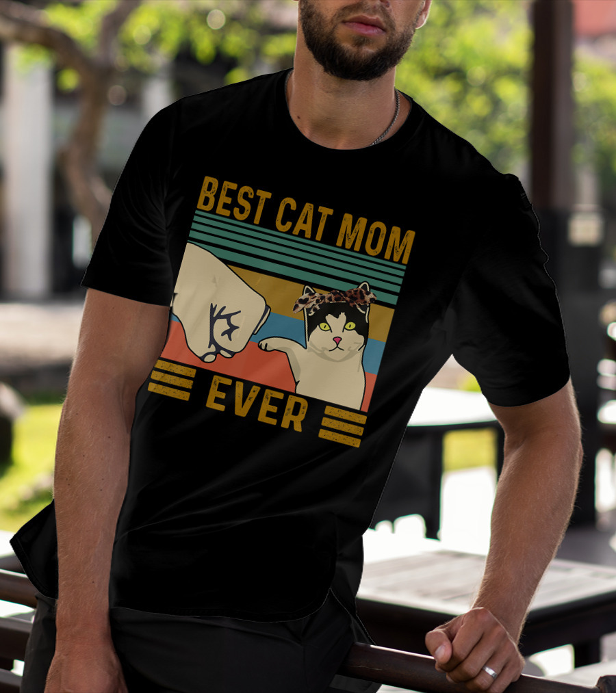 Best Cat Mom Ever Fist Bump Vintage Retro Cat With Headband T-Shirt