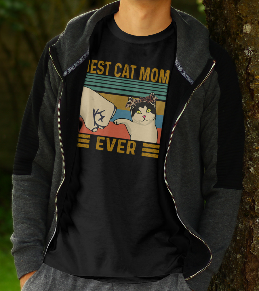 Best Cat Mom Ever Fist Bump Vintage Retro Cat With Headband T-Shirt
