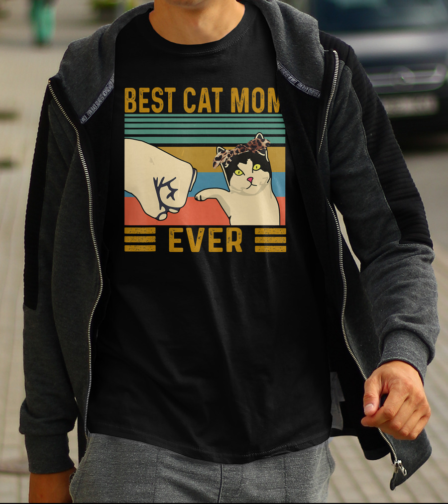 Best Cat Mom Ever Fist Bump Vintage Retro Cat With Headband T-Shirt
