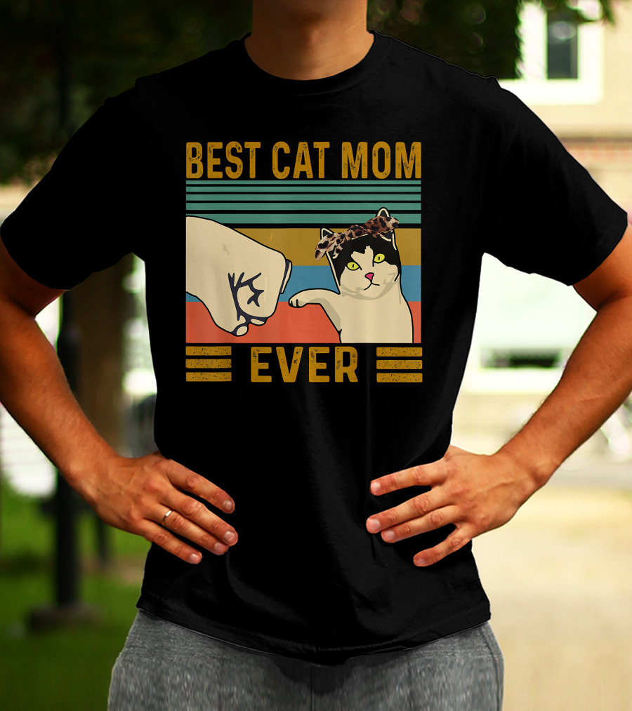 Best Cat Mom Ever Fist Bump Vintage Retro Cat With Headband T-Shirt