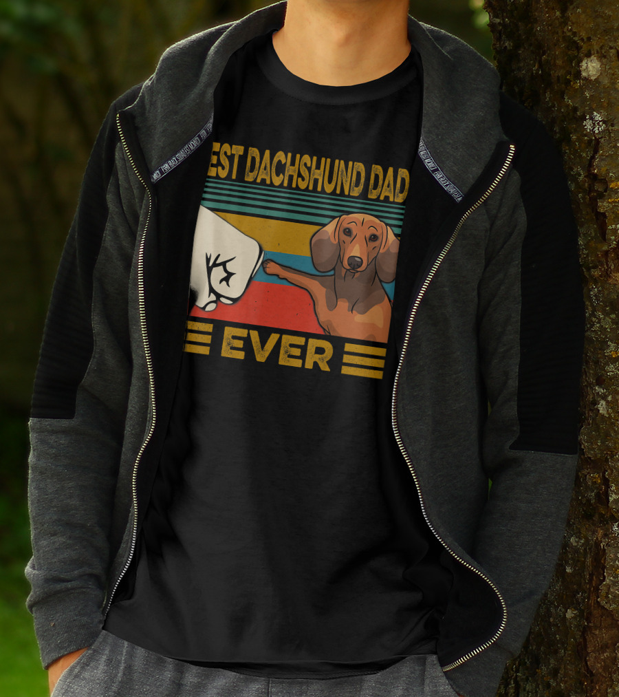 Best Dachshund Dad Ever Fist Bump Retro Stripes T-Shirt