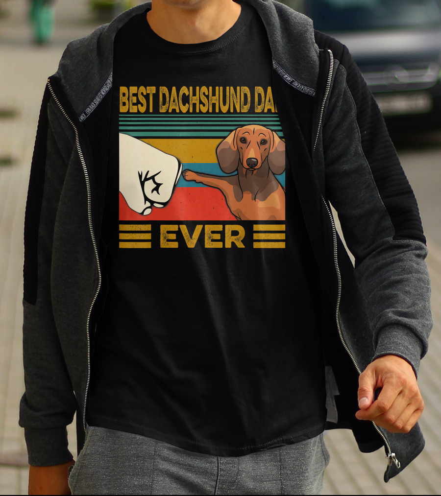 Best Dachshund Dad Ever Fist Bump Retro Stripes T-Shirt