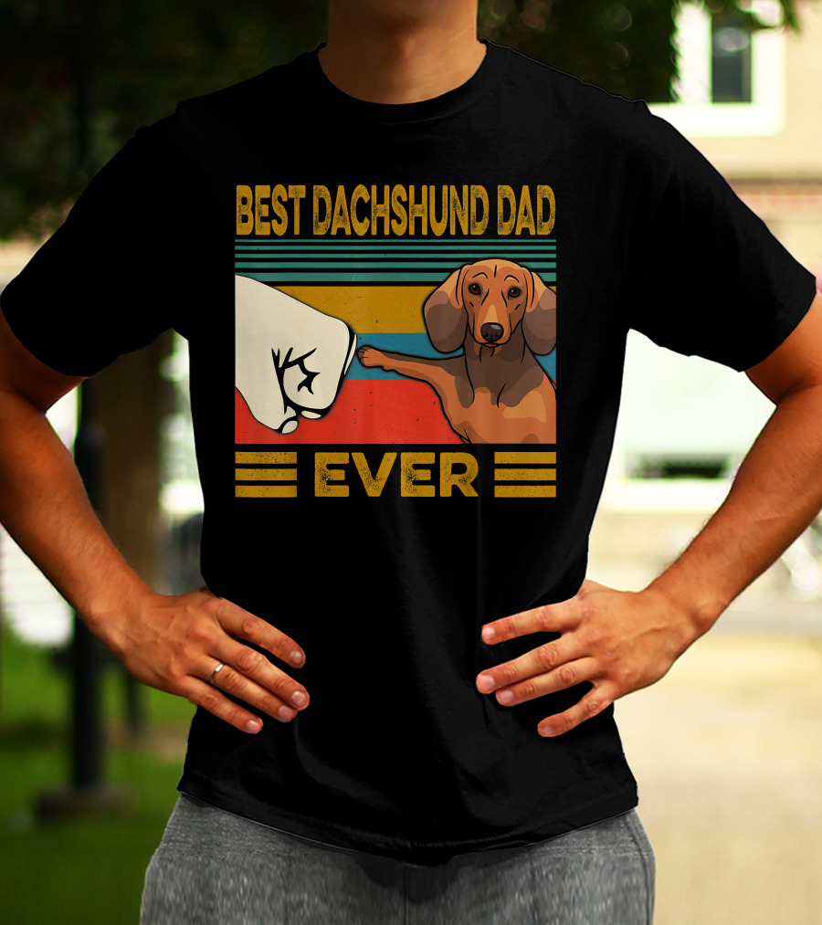 Best Dachshund Dad Ever Fist Bump Retro Stripes T-Shirt