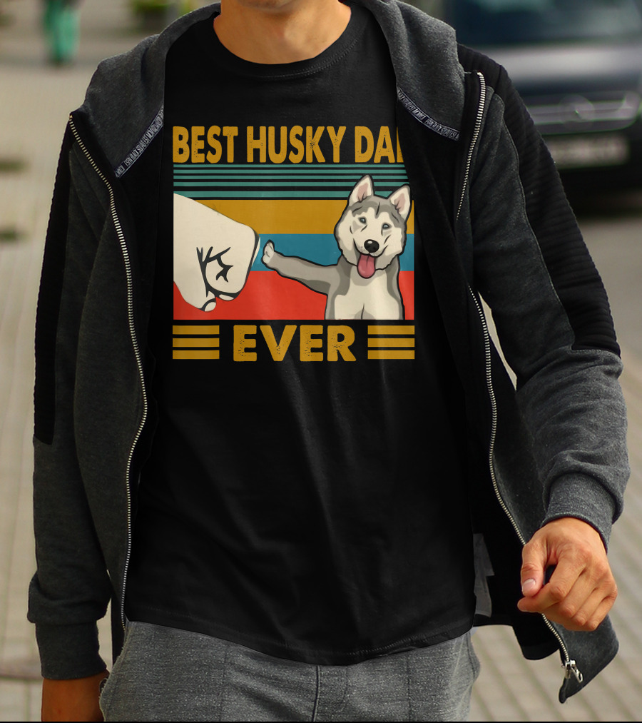 Best Husky Dad Ever Fist Bump With Husky T-Shirt