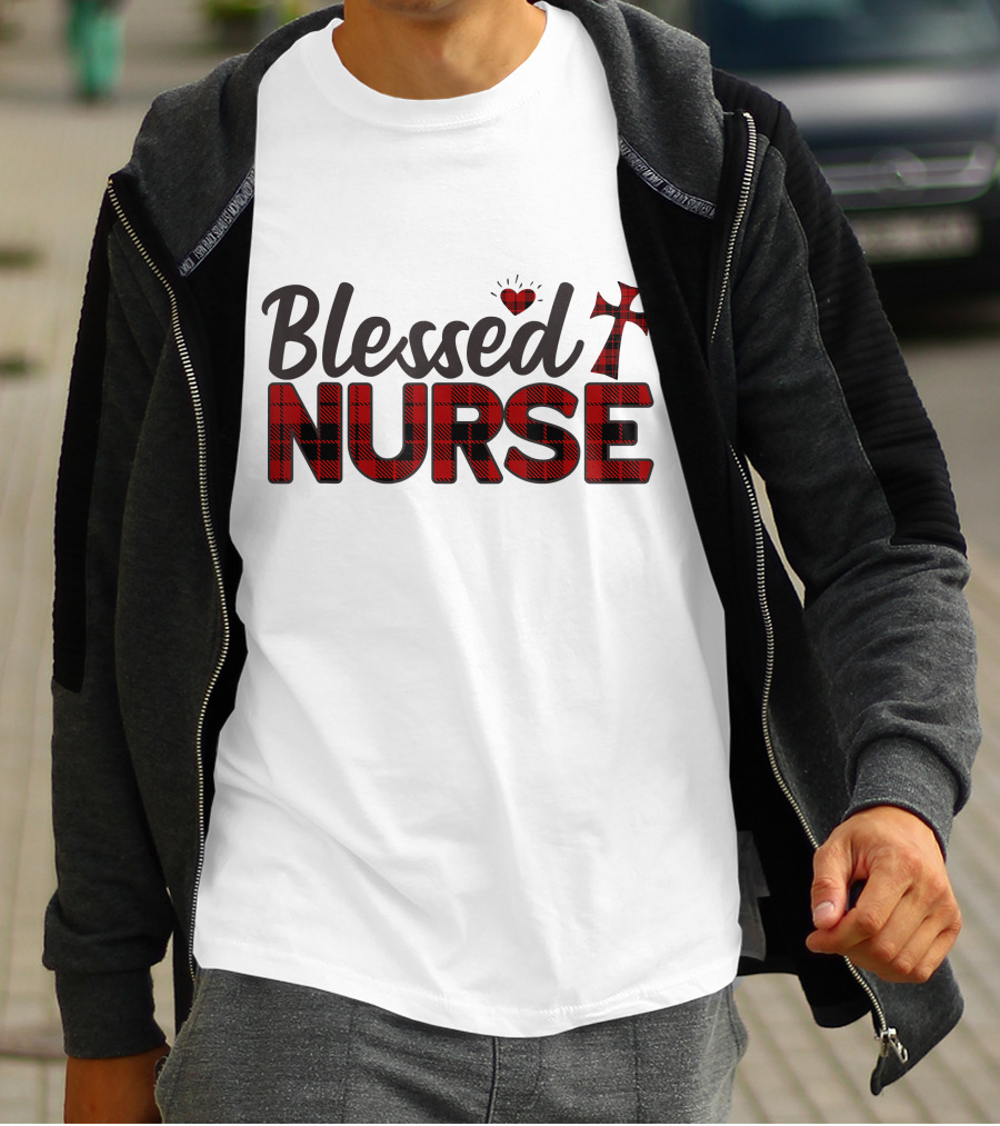 Blessed Nurse Plaid Heart Cross Christian T-Shirt