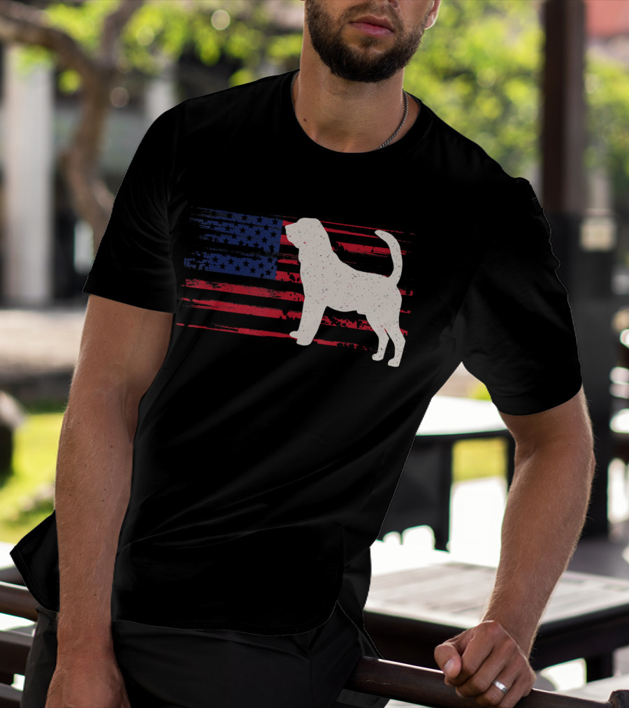 Bloodhound Puppy Silhouette With Distressed American Flag Background T-Shirt