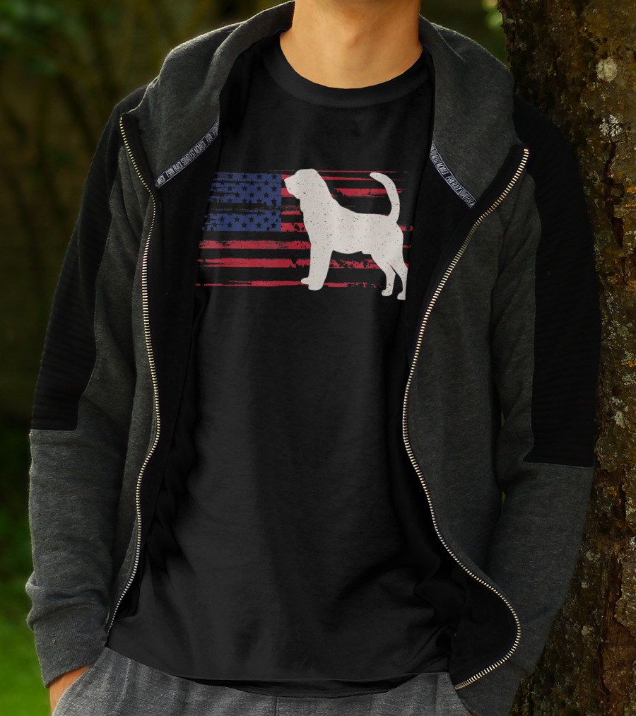 Bloodhound Puppy Silhouette With Distressed American Flag Background T-Shirt