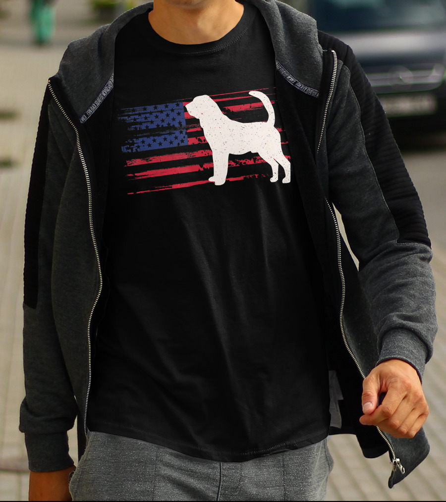 Bloodhound Puppy Silhouette With Distressed American Flag Background T-Shirt
