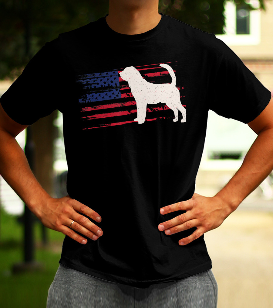Bloodhound Puppy Silhouette With Distressed American Flag Background T-Shirt