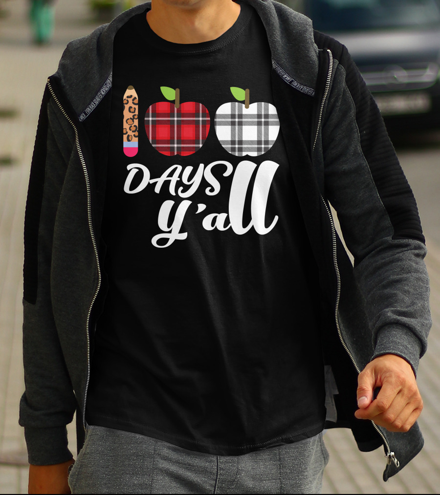 Buffalo Plaid Leopard Pencil 100 Days Y'all Apples T-Shirt