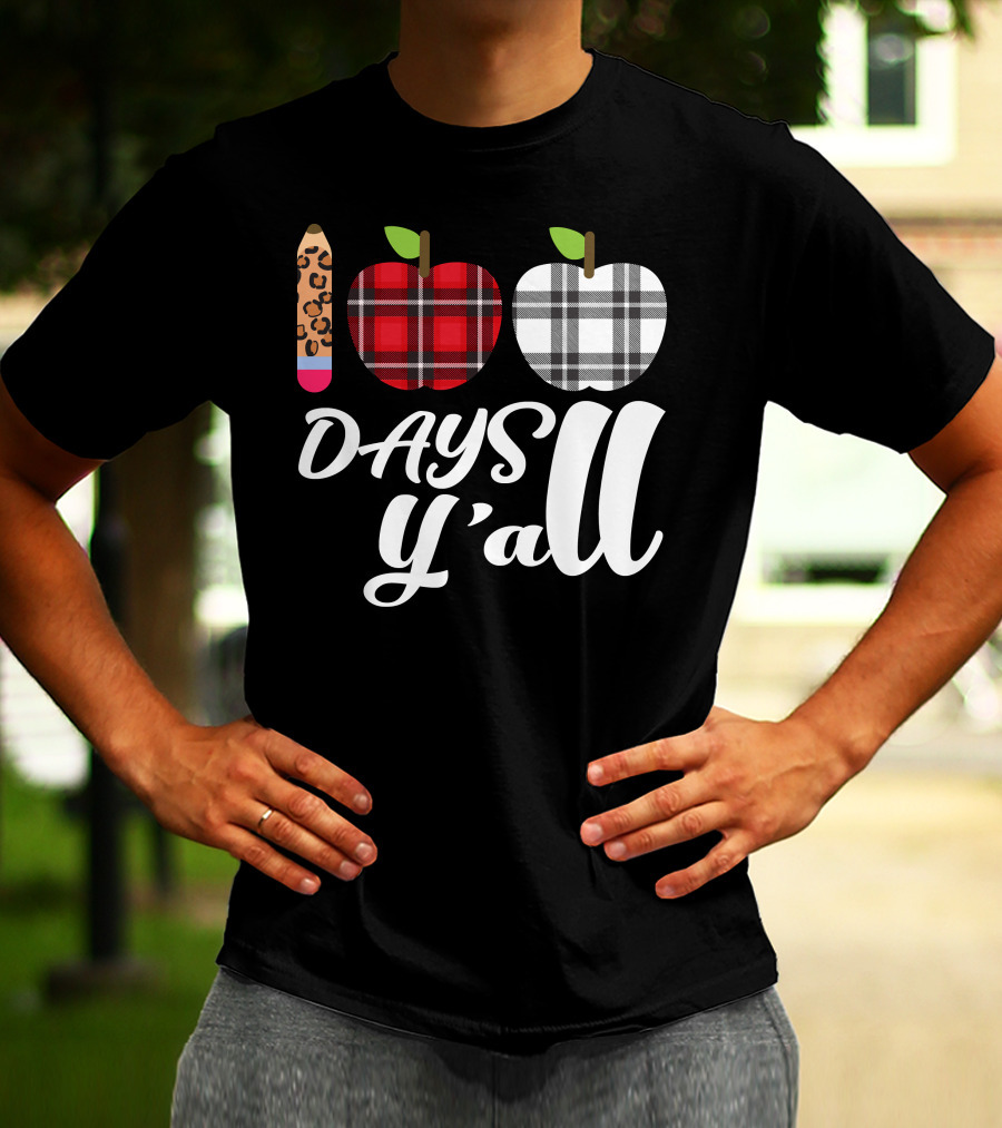Buffalo Plaid Leopard Pencil 100 Days Y'all Apples T-Shirt